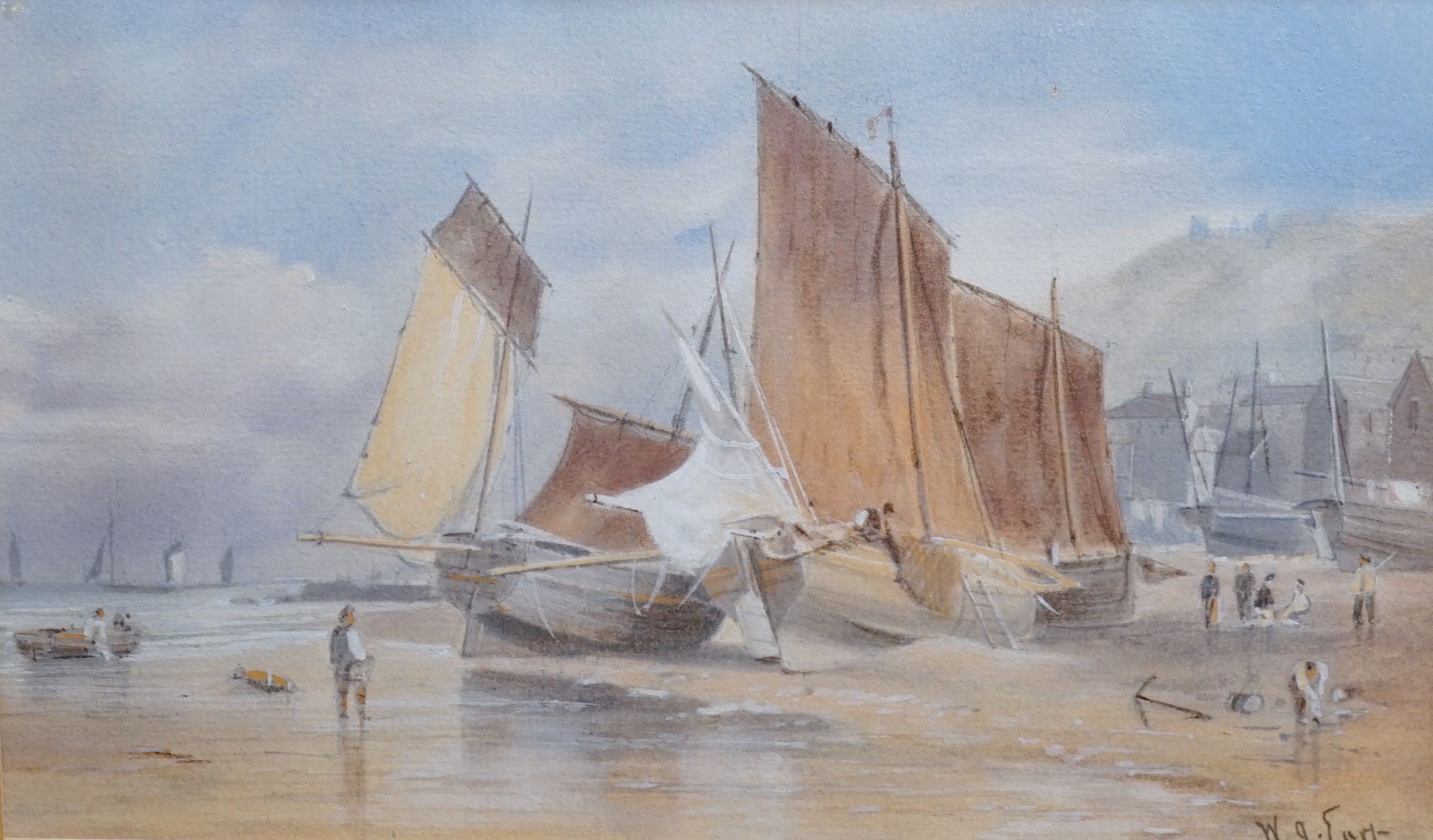 E.A. Earp, Fishing boats on Hastings beach, watercolour, signed, 14 x 23cm